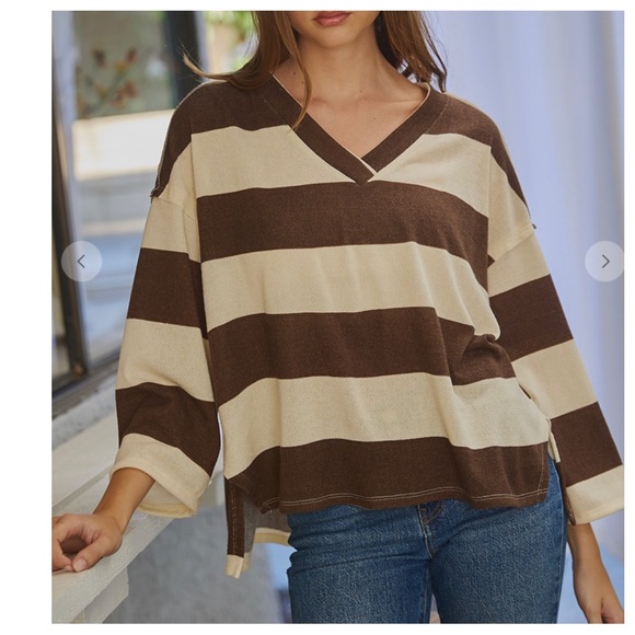 #07 So Cute Boho Color Block Striped V neck Loose Fit Top - Picture 2 of 6